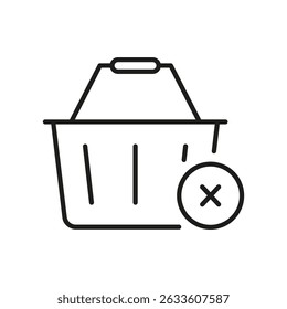 Shopping Basket With Cancel Icon. Remove From Cart, Cancel Purchase, And E-Commerce Transaction Reversal Outline Symbol. Online Shopping Management. Editable Stroke. Isolated Vector Illustration.