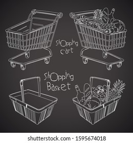 Shopping Basket And Shopping Cart. Empty And Full. Drawing On A Blackboard. Vector Illustration