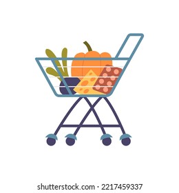 Shopping basket cart full of goods. Pumpkin, beetroot, cheese, eggs. package, boxes. Supermarket trolley, food shopping at grocery store. Minimalistic flat hand-drawn illustration