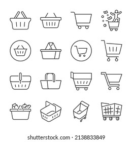 Shopping basket and shopping cart icons set. Shopping, icon collection. Line with editable stroke