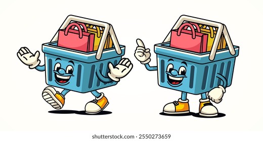 Mascota de dibujos animados del personaje de la cesta de la compra. Conveniente para el negocio, la comercialización, la promoción y los Elementos de diseño