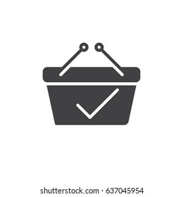 Shopping basket with check mark icon vector, filled flat sign, solid pictogram isolated on white. Paid symbol, logo illustration. Pixel perfect
