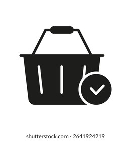 Shopping Basket With Checkmark Solid Icon. Successful Online Shopping, Order Confirmation, And Purchase Approval Silhouette Symbol. E-Commerce, Retail Transaction. Isolated Vector Illustration.