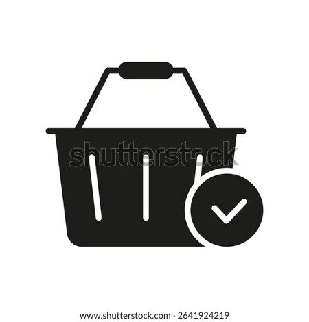 Shopping Basket With Checkmark Solid Icon. Successful Online Shopping, Order Confirmation, And Purchase Approval Silhouette Symbol. E-Commerce, Retail Transaction. Isolated Vector Illustration.