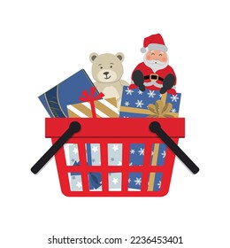 Shopping basket with Christmas gifts, Teddy bear and Santa Claus. Vector illustration on white background