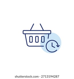 Cesta de la compra y reloj. Promociones de productos cronometrados, pagos programados, plazos de Completar compra de compras. Icono de Vector de trazo perfecto y editable