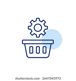 Cesta de compras e roda dentada. Configurações de compras, configuração do carrinho, controle do processo de check-out, gerenciamento de comércio eletrônico, otimização de compras. Pixel perfeito, ícone de vetor de traçado editável