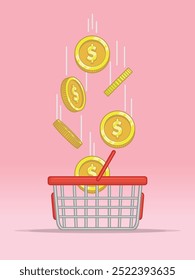 Shopping Basket Coin Drops Falling Above