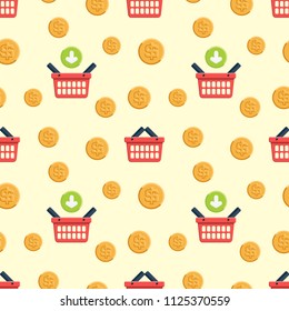 Shopping basket and coin flat icons. Seamless pattern background