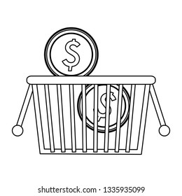 shopping basket with coins black and white