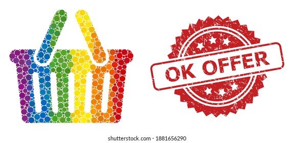 Shopping basket collage icon of circle elements in different sizes and rainbow colored color tones, and OK Offer rubber rosette stamp seal. A dotted LGBT-colored Shopping basket for lesbians, gays,
