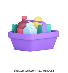 Shopping basket container with daily meal products front side view 3d icon realistic vector illustration. Market cart purchasing grocery sale food drink goods isolated. Purchase comfortable carrying