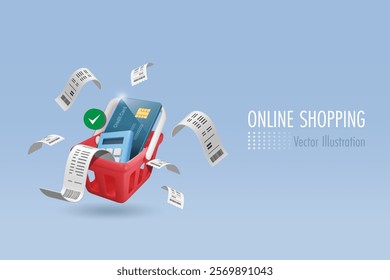 Shopping basket with credit card and calculator. Money spending on credit card, online shopping with secure money protection and guarantee price. 3D vector.