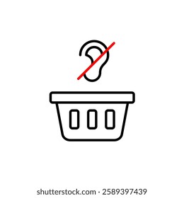 Shopping basket and crossed out ear symbol. No in-store announcements, silent checkout. Hearing-impaired customer service. Pixel perfect, editable stroke vector icon