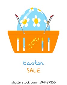 Shopping basket with decorative Easter egg isolated on white, Holiday Sale concept, vector illustration