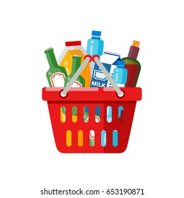 Shopping Basket With Different Beverages: Juice, Wine, Water, Milk And Beer.Buy Grocery In The Supermarket. Side View, Profile. Icon, Sign Shopping Bag, Box.Vector Flat Design Illustration. 