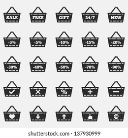 Shopping basket with different symbols, vector eps10 illustration