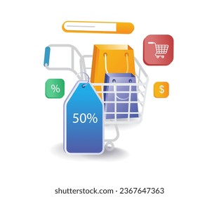 Shopping basket with discount label flat illustration concept