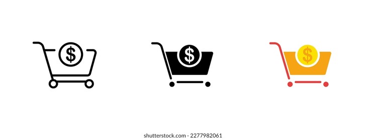 A shopping basket with a dollar sign icon is a symbol commonly used to represent online shopping or e-commerce. Vector set of icons in line, black and colorful styles isolated.