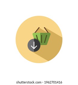Cesta de compras. Flecha abajo. Icono plano en círculo. Ilustración de vector de comercio