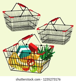 Shopping basket and empty in different angles. Vector set