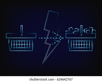 shopping basket from empty to full, with lightning bolt overlay (vector with neon effect on mesh background)
