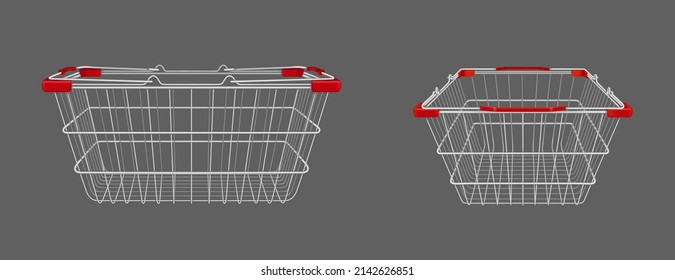 Shopping basket, empty supermarket metal cart with handles. Isolated customers equipment for purchasing in retail shop front and side view, grocery and store market, Realistic 3d vector illustration