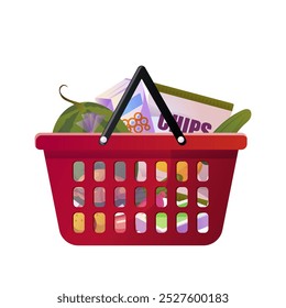 Shopping basket filled with groceries and snacks. Vector illustration