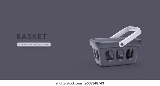 Shopping Basket With Folded Handles In 3D Style On Dark Background. Perfect Icon For Online Stores, Retail Apps, And E-Commerce Interfaces. Vector Illustration.