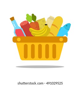 Shopping basket with food and drink products. Concept for online grocery ordering. Vector flat illustration.