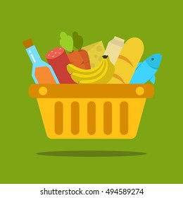Shopping basket with food and drink products. Concept for online grocery ordering. Vector flat illustration.