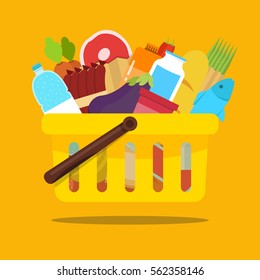 Shopping basket with food and drink products. Concept for online grocery ordering. Vector flat illustration.