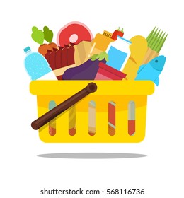 Shopping basket with food and drink products. Concept for online grocery ordering. Vector flat illustration.