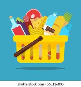 Shopping basket with food and drink products. Concept for online grocery ordering. Vector flat illustration.