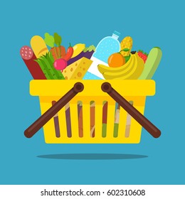 Shopping basket with food and drink products. Concept for online grocery ordering. Vector flat illustration.