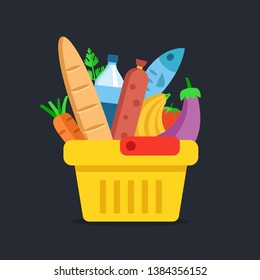 Shopping Basket With Food. Grocery, Supermarket Concepts. Flat Design. Vector Illustration