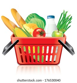 Shopping basket with food isolated on white photo-realistic vector illustration