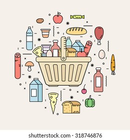 Shopping basket with food products from the store. Milk, bread, sausage, meat, water, oil, sweets, yogurt, eggs. Line style vector illustration.