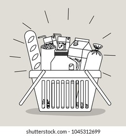 shopping basket with foods and drinks monochrome silhouette