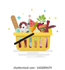 Shopping basket with foods. Flat vector illustration.