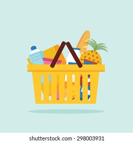 Shopping basket with foods. Flat vector illustration.