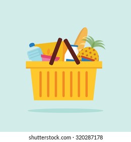 Shopping basket with foods. Flat vector illustration.