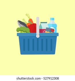 Shopping basket with foods. Flat vector illustration.