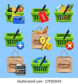 Shopping basket with foods. Realistic illustration for design