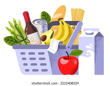 Shopping basket with foods. Retail super market goods.