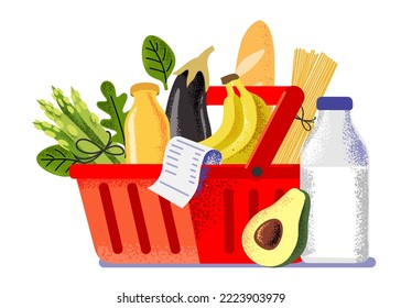 Shopping basket with foods. Retail super market goods.