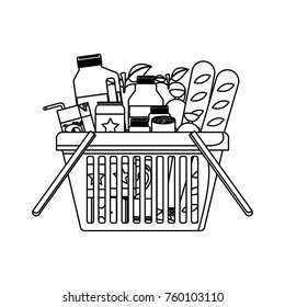 shopping basket with foods sausage and bread apples and drinks orange juice and water bottle and lacteal in monochrome silhouette
