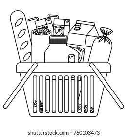 shopping basket with foods sausage bread and drinks juice and water bottle and milk carton in monochrome silhouette