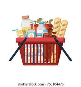 shopping basket with foods sausage and bread apples and drinks orange juice and water bottle and lacteal