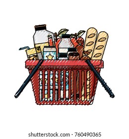 shopping basket with foods sausage and bread apples and drinks orange juice and water bottle and lacteal in colored crayon silhouette